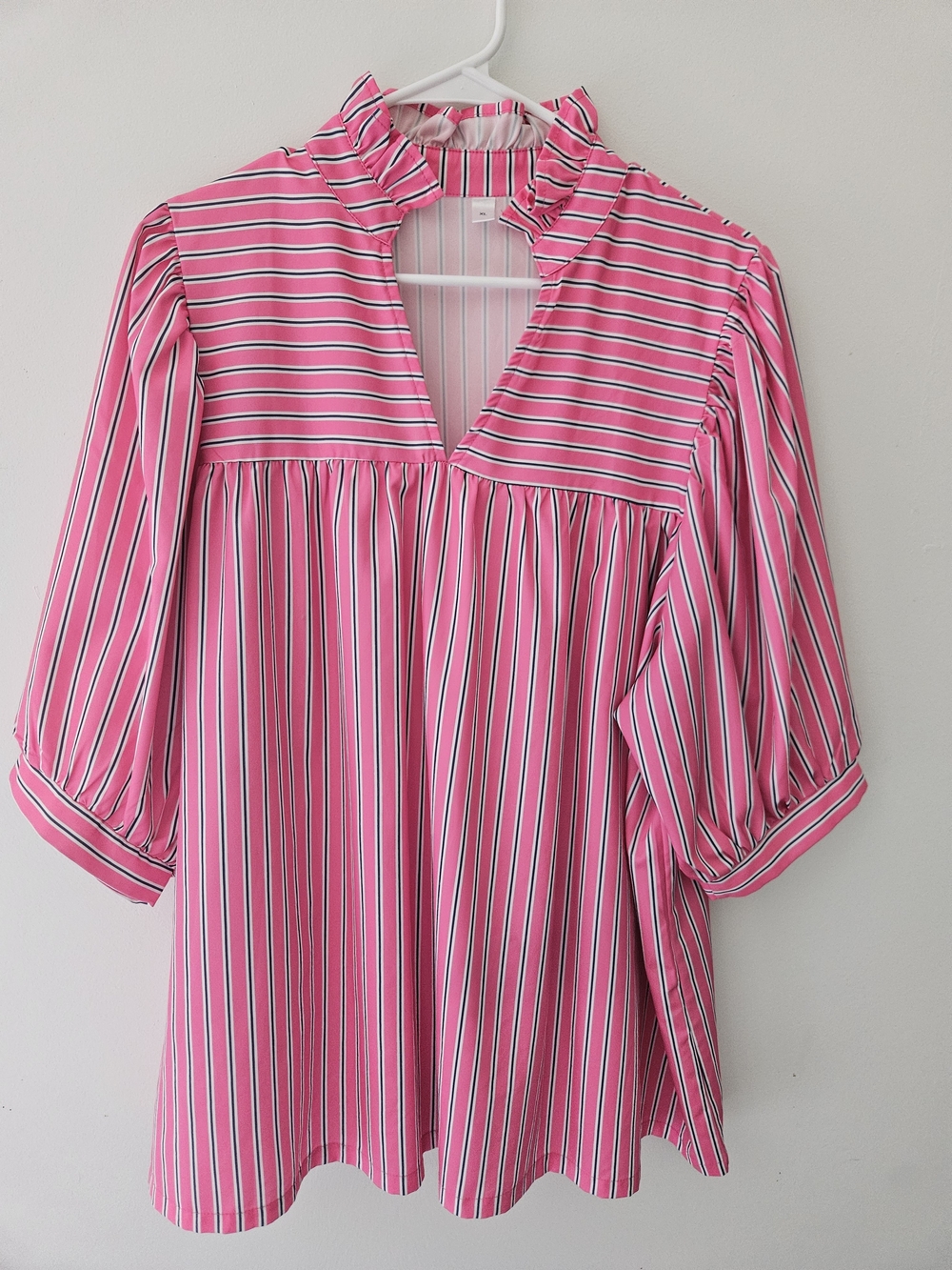 Pink Striped Women's Blouse - Ruffled Neck